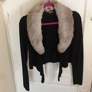 525 America black sweater with rabbit fur trim
